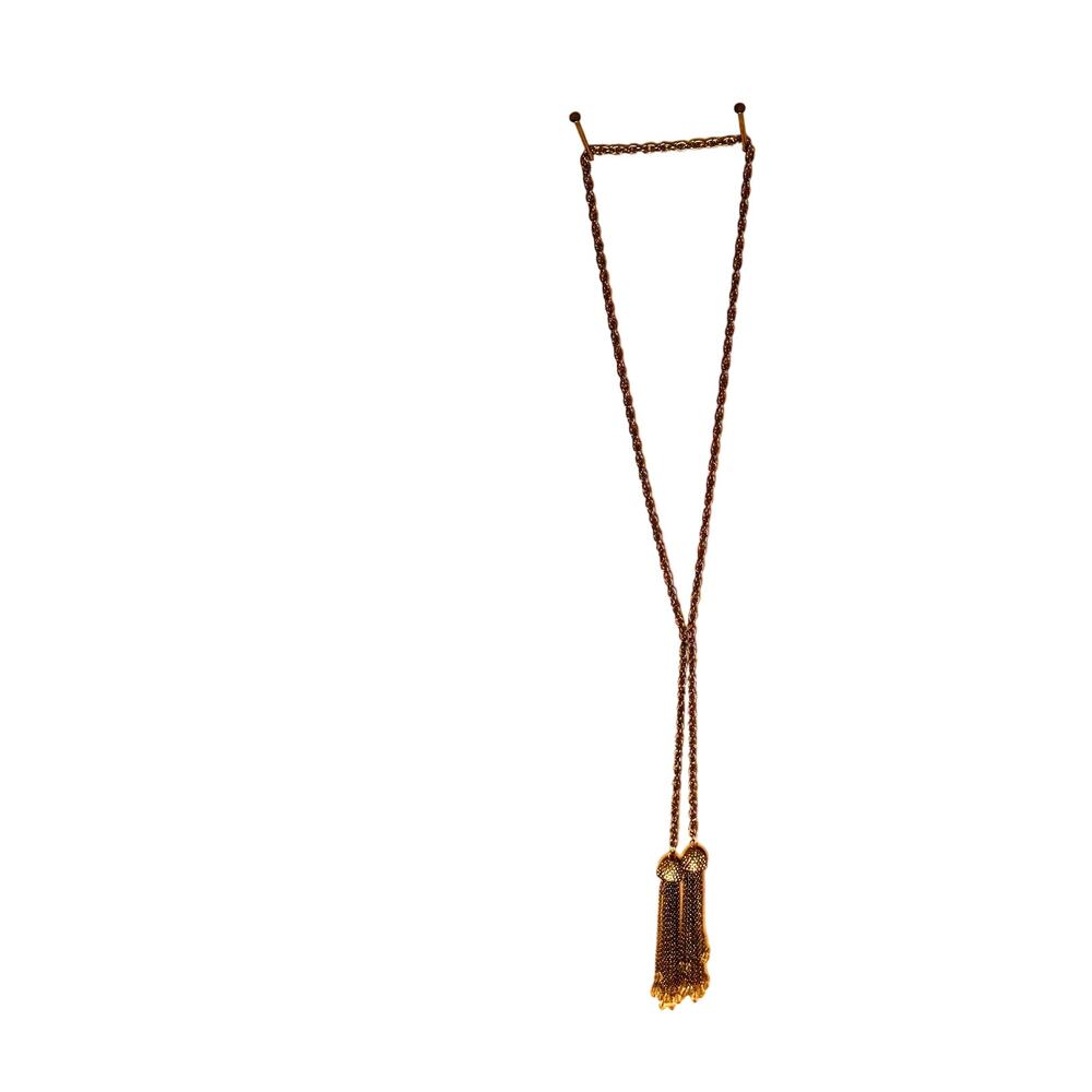 Chain Sautoir Ending in Two Tassels w Rhinestones and Beads Statement Necklace